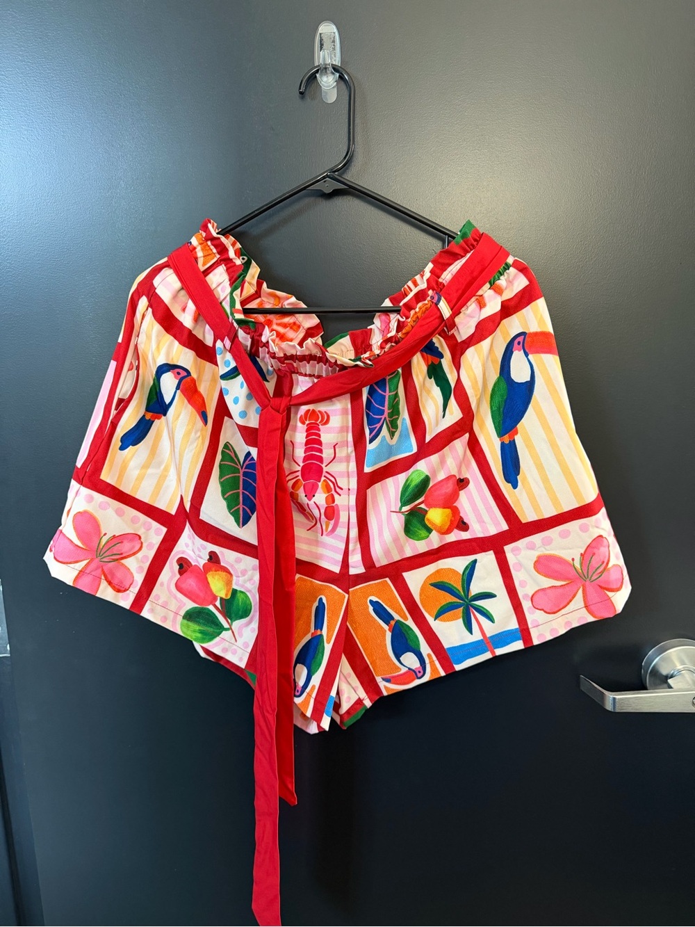 SHEIN Red Tropical Print Tie-Waist Bermuda Shorts